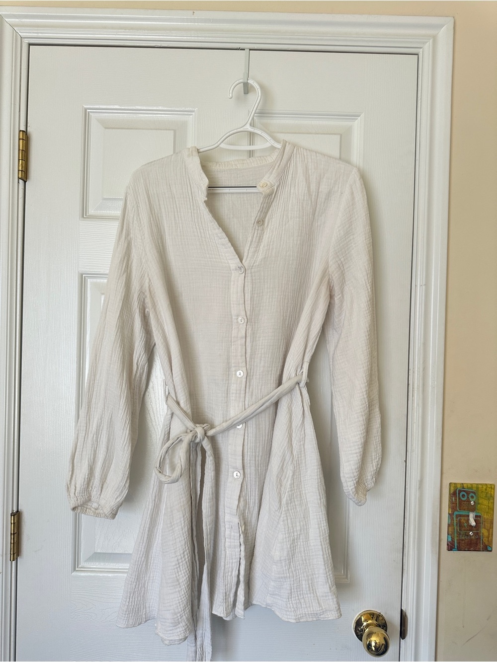 100% cotton Ivory White Gauze Button-Front Tunic with Tie Waist